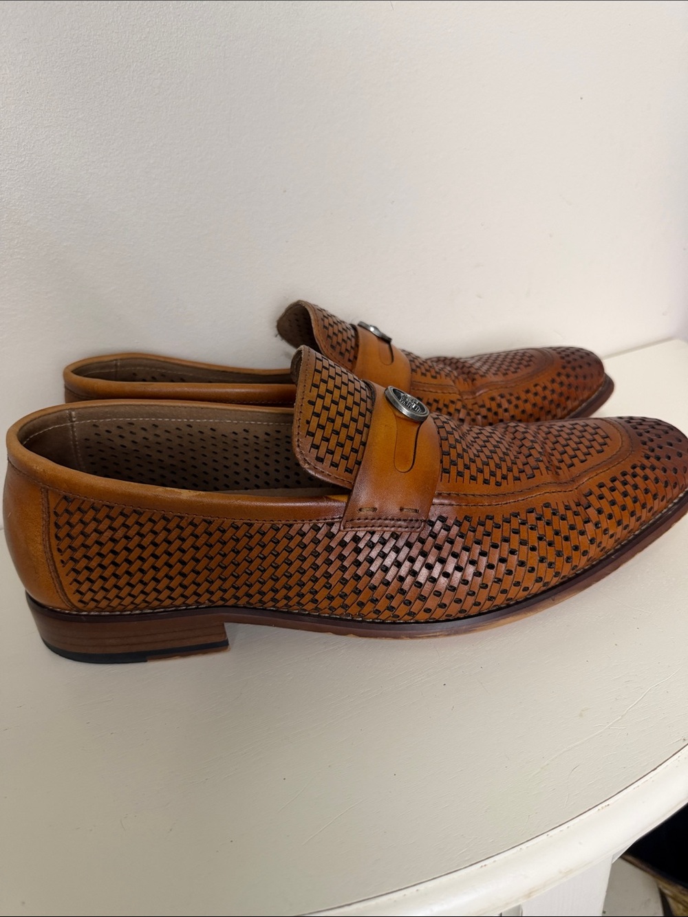 Stacy Adams Woven Leather Slip-On Loafers - Cognac Brown Size: 12 - Picture 10 of 12